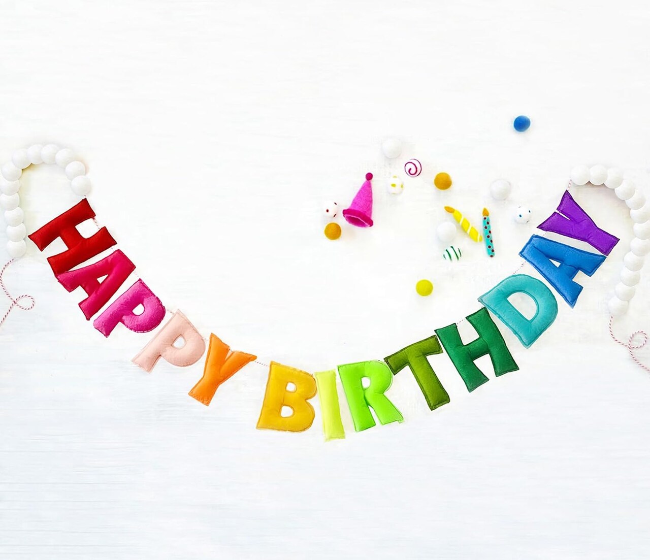 Pre-Strung Happy Birthday Banner - Felt Ball Garland - HAPPY BIRTHDAY Garland, Rainbow Birthday Decorations, Personalized Happy Birthday Sign for Birthday Party Decor, Photo Prop (with white balls)